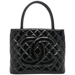 Vintage Chanel Black Quilted Patent Leather Handbag