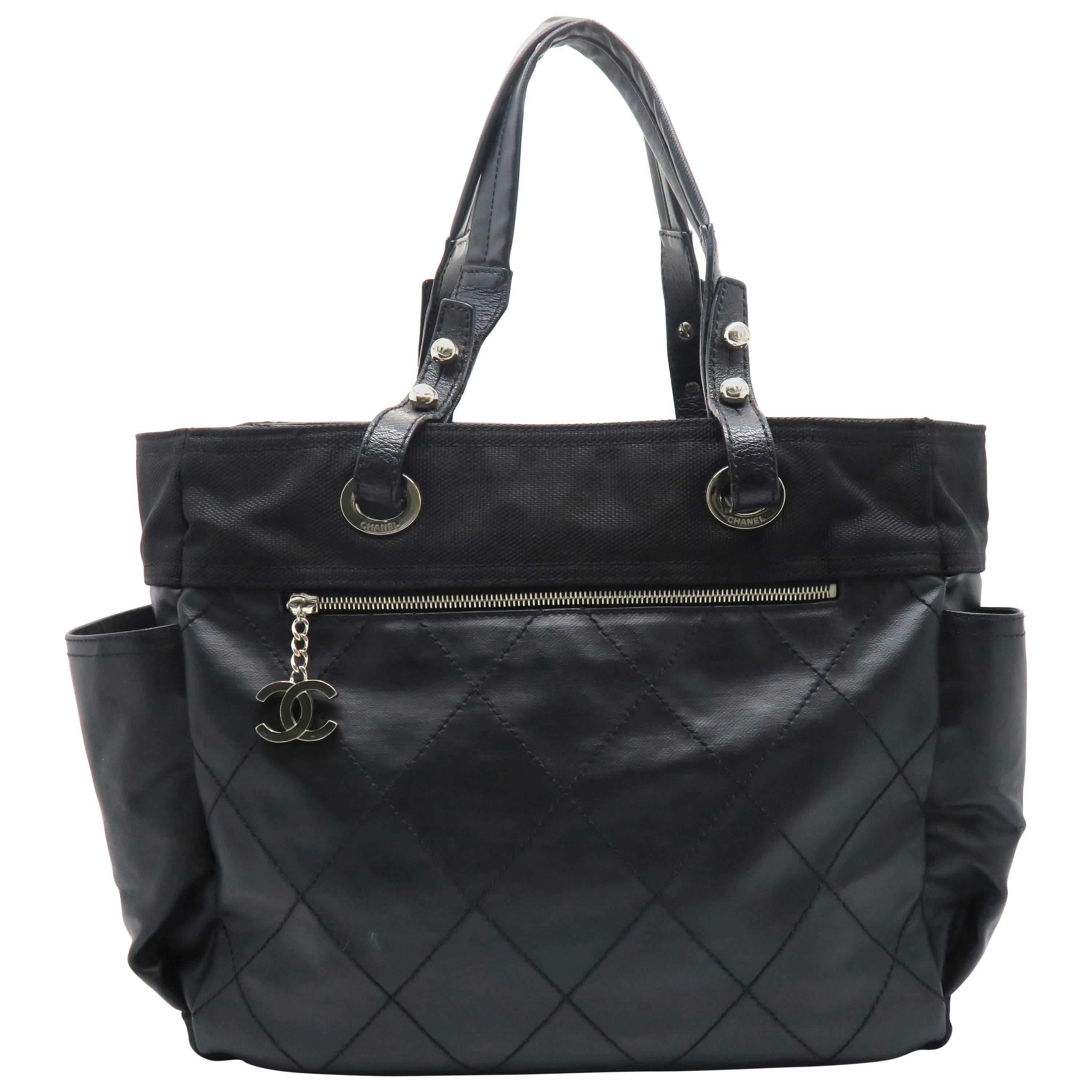 Chanel Black Coated Canvas Tote Bag For Sale