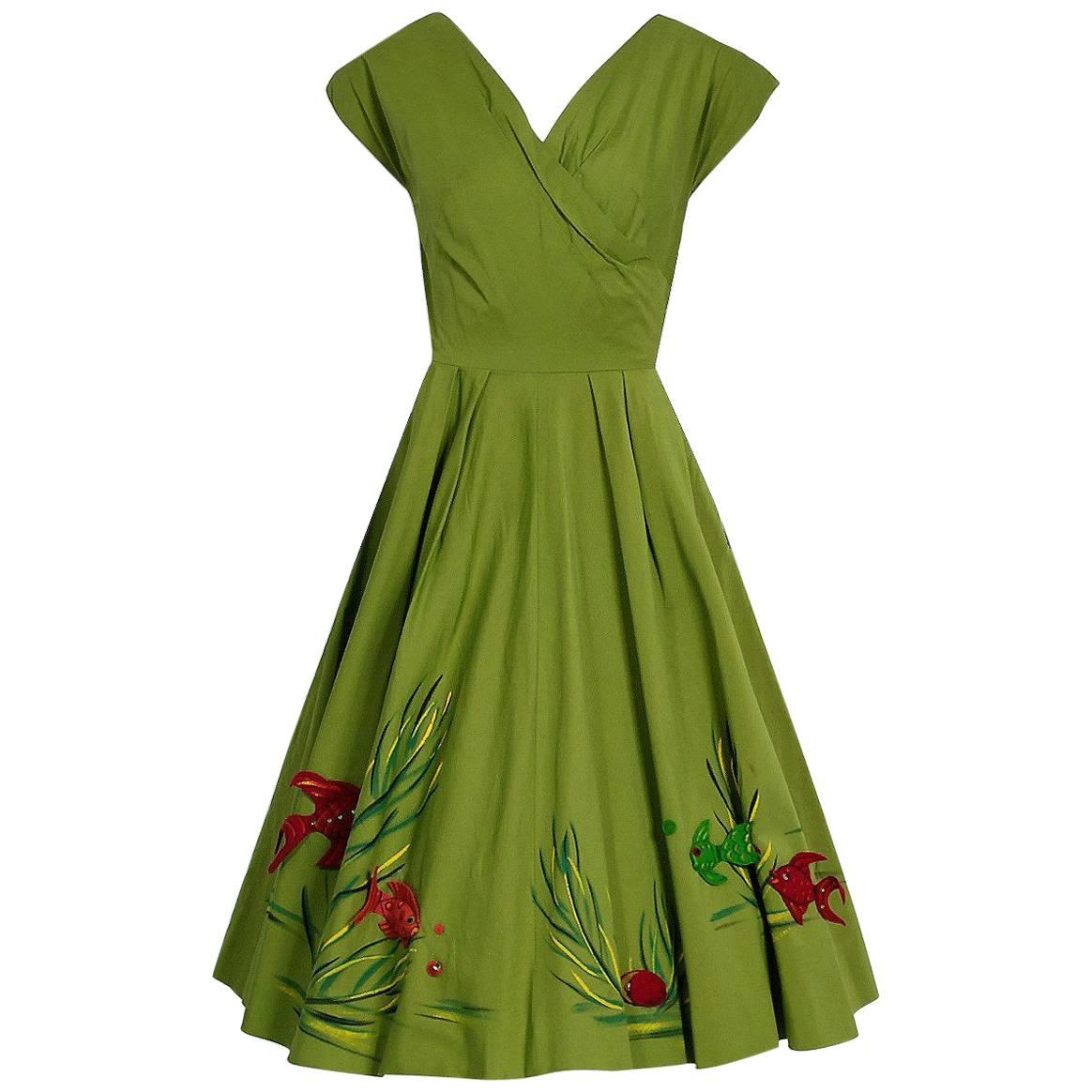 1950's Under-The-Sea Novelty Handpainted Applique Olive Green Cotton Sun Dress 