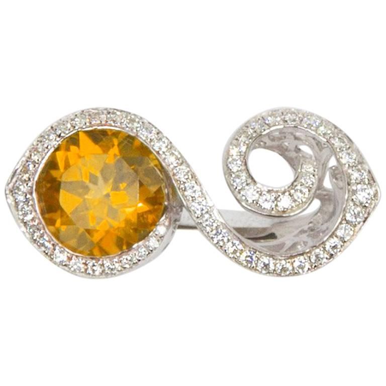 Toi et Moi Bypass Citrine CZ Sterling Silver Rhodium Runway Ring For Sale