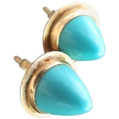 Vintage Swedish 18k Gold Turquoise Stud Earrings Modernist 18ct 750 Gold
