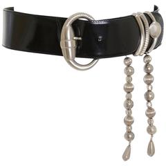 1980s Gianni Versace Black Leather with Silver Metal Buckle Belt