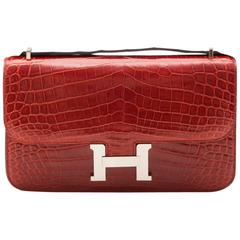 Hermes Rouge Porosus Crocodile H Constance Elan Shoulder Bag 9