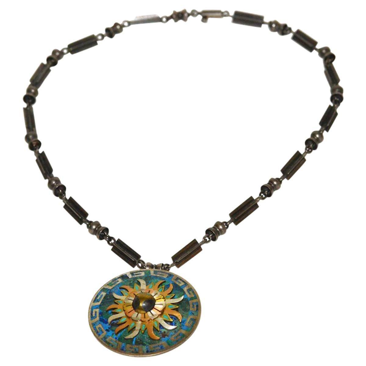 Early Rare Cecilia Tono Mexican Sterling Turquoise Necklace/Pin For Sale
