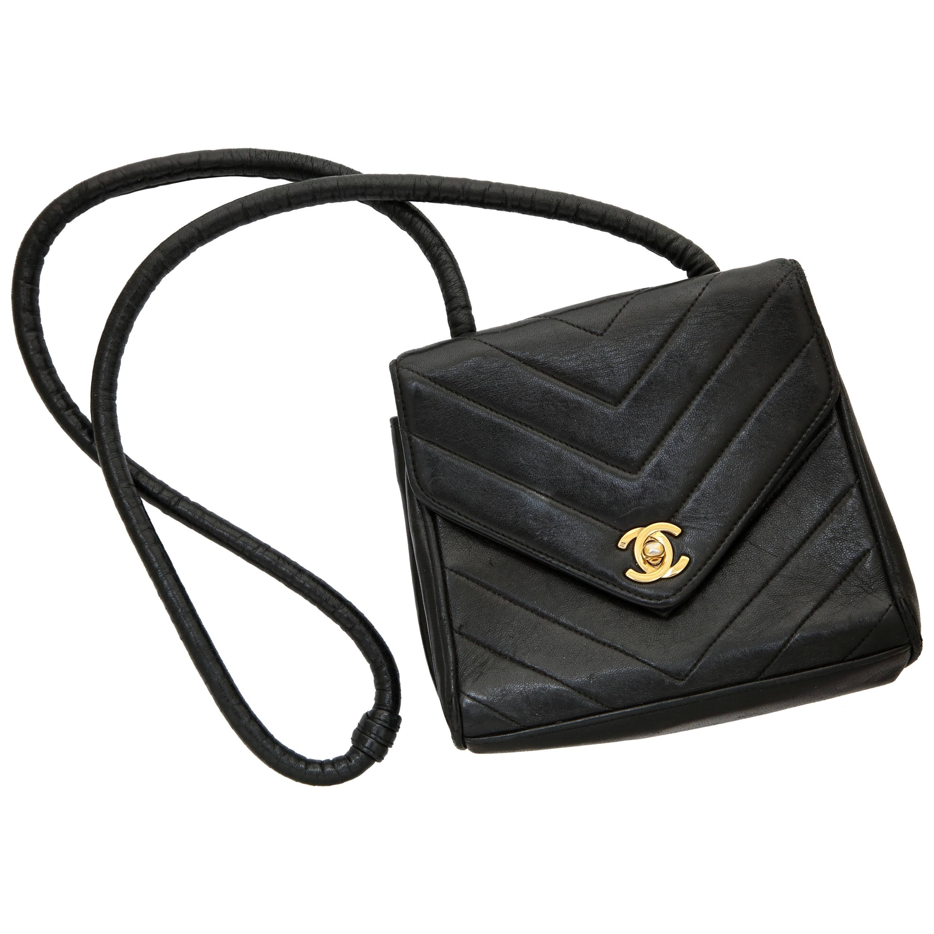 Vintage Black Leather Chanel Chevron Bag