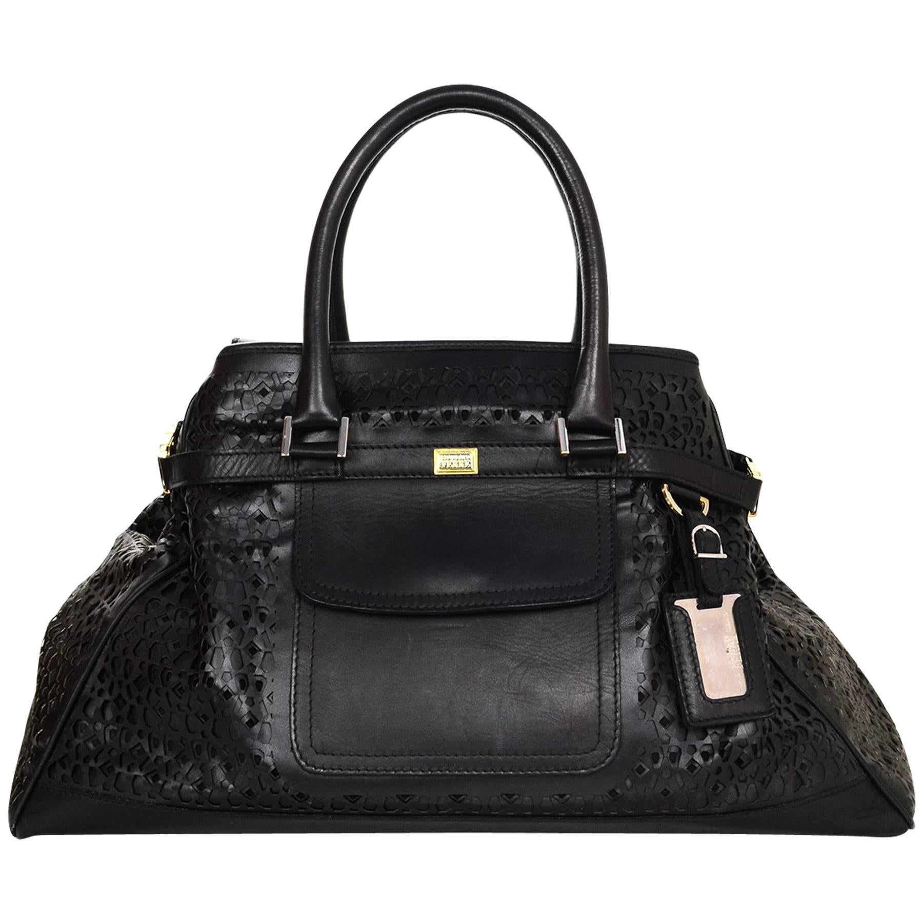 Gianfranco Ferre Black Laser Cut Leather Tote Bag