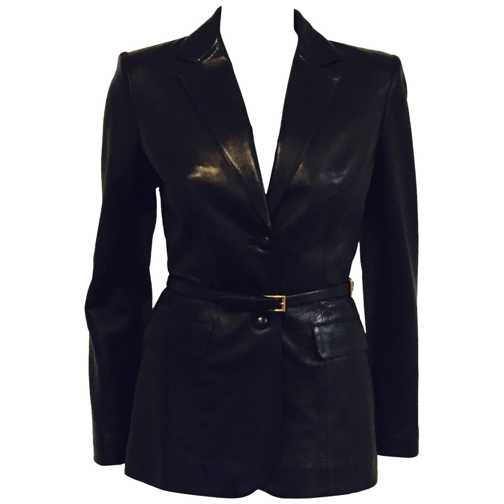 Prestigious Prada Black Fitted Ladies Leather Lambskin Jacket w Detach. Belt