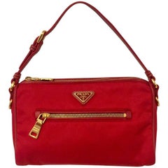 Prada Red Nylon Pochette With Leather Strap and Gold Tone Hardware