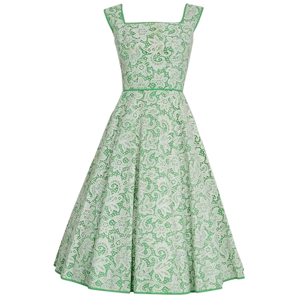 1950's Pat Premo White Lace & Green Cotton Illusion Full Circle-Skirt Sun Dress