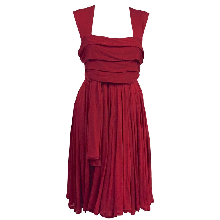 Classic Celine Red Viscose Dress With Shoulder Straps and Pleated ...