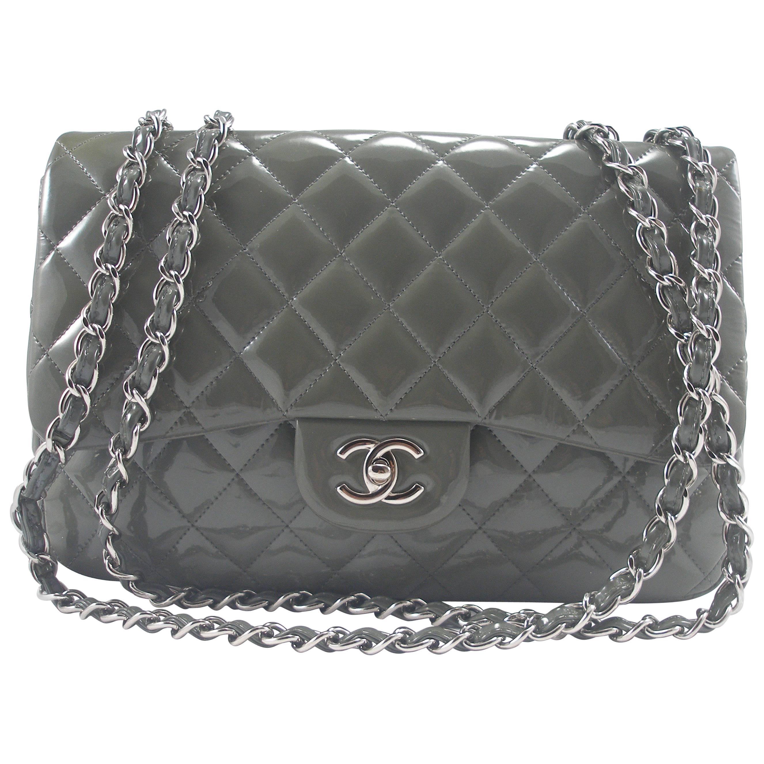  Chanel Quilted Patent Leather Classic Jumbo Chain Shoulder Bag Grey 