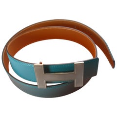 HERMES 32 mm Leather Belt Buckle H Quizz and Gold Bleu Paon 90 / BRAND NEW 5