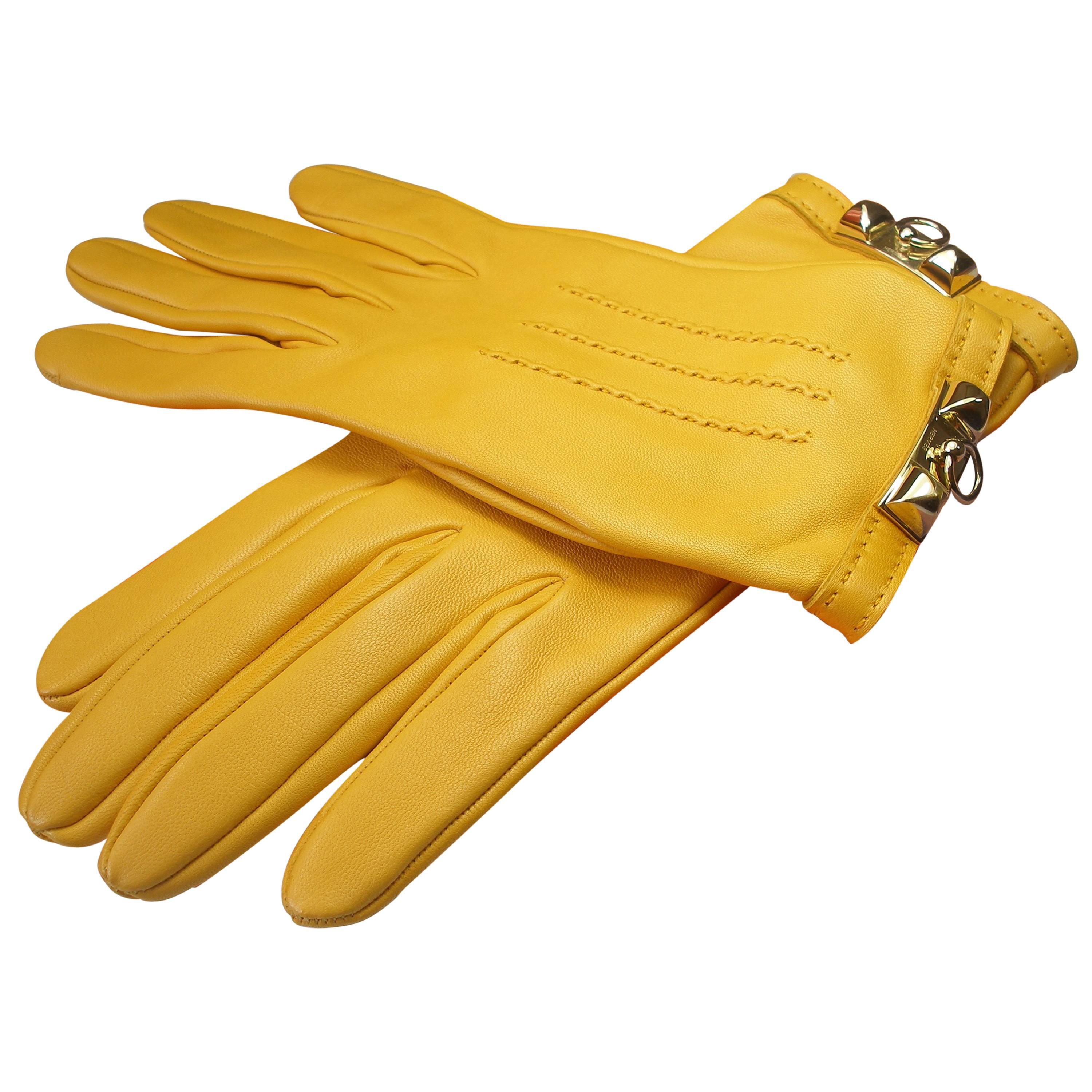  Hermes Médor Lambskin palladium Hadware Yellow Leather Gloves / BRAND NEW