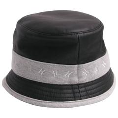 HERMES Size 57 Black Calf Leather and Grey Cashmere Bucket Hat