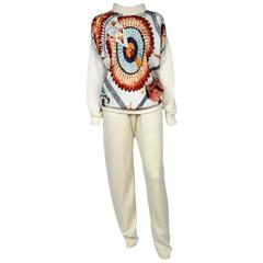 HERMES Blouse and Trousers Set Size 40FR in Silk and Cashmere 'Feathers' Pattern