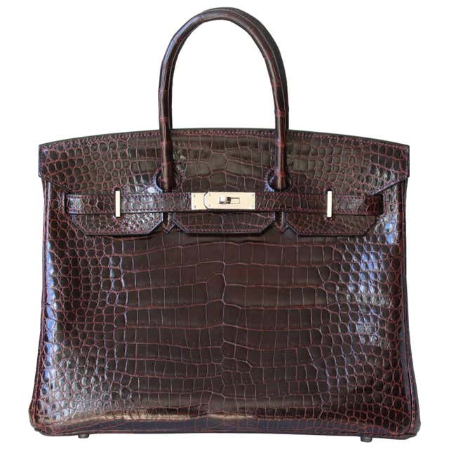 Hermès 35CM Burgundy Porosus Crocodile Palladium H/W Birkin Bag For ...