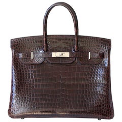 Hermès 35CM Burgundy Porosus Crocodile Palladium H/W Birkin Bag