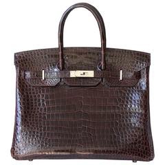 Hermès 35CM Burgundy Porosus Crocodile Palladium H/W Birkin Bag 1