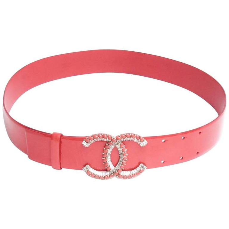 CHANEL Belt in Orange Patent Leather 'CC' Buckle in Coral Beads and  Rhinestones