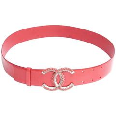 CHANEL Belt in Orange Patent Leather 'CC' Buckle in Coral Beads and Rhinestones