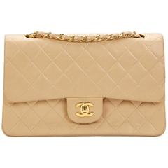 1990s Chanel Beige Quilted Lambskin Vintage Medium Classic Double Flap Bag