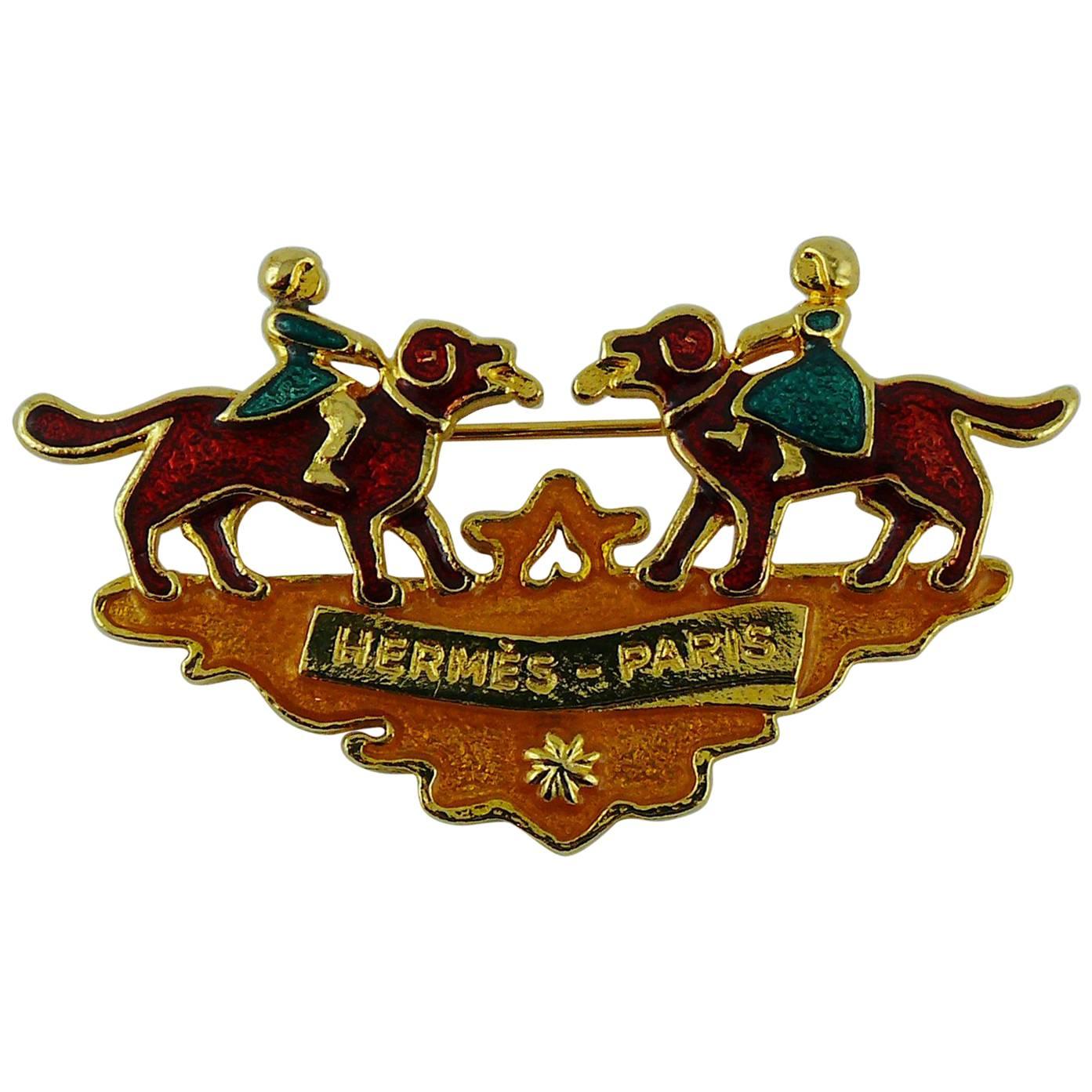 Hermes Paris Enamel Children and Dogs Brooch