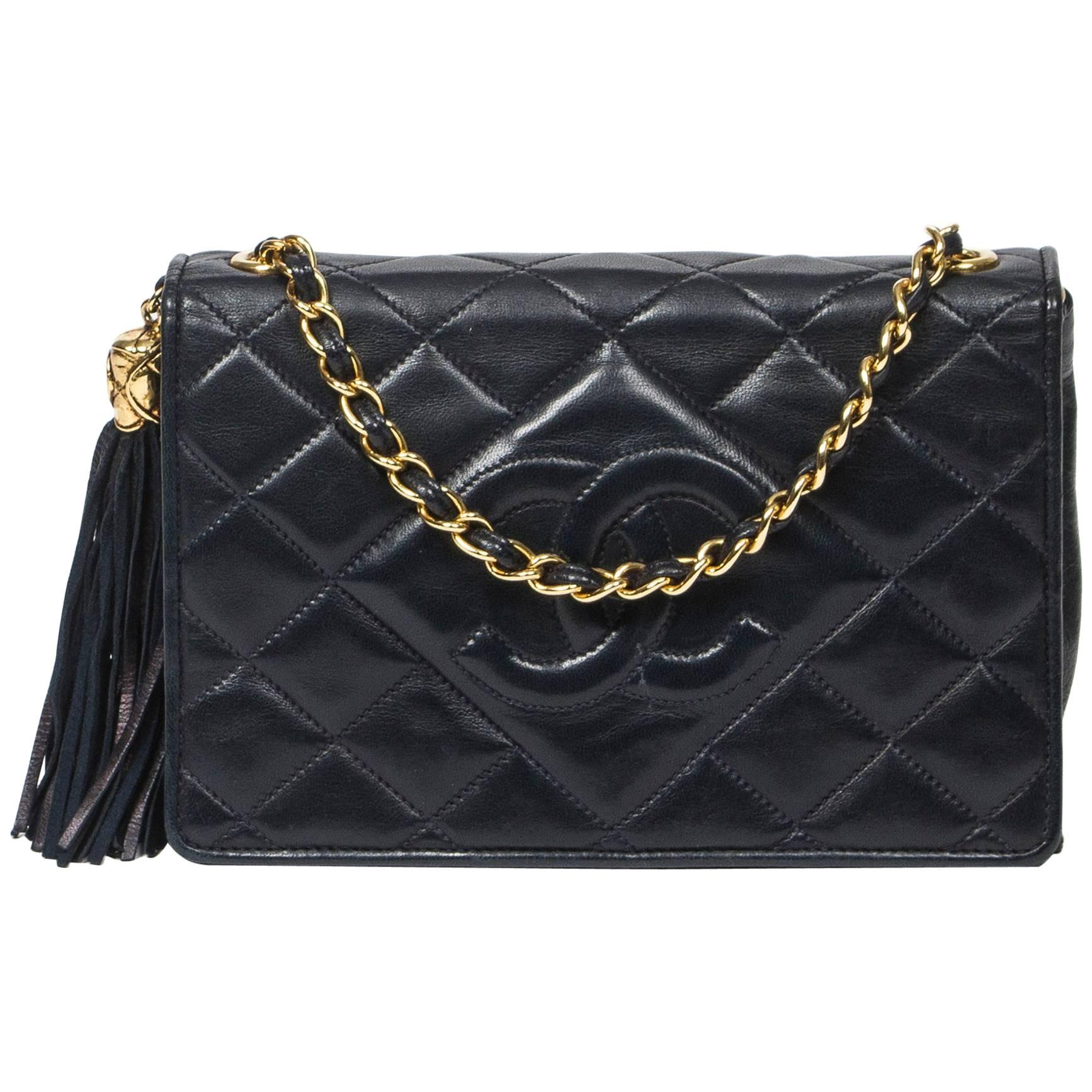 Flap Tassel Bag Navy Quilted Leather