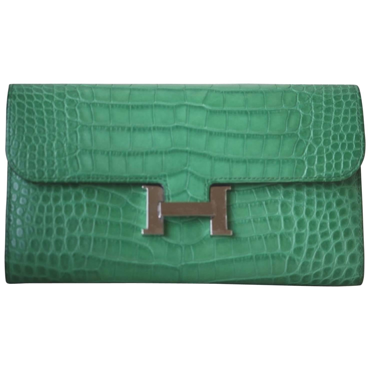 Hermès Matte Croc Constance Long Palladium Hardware Wallet