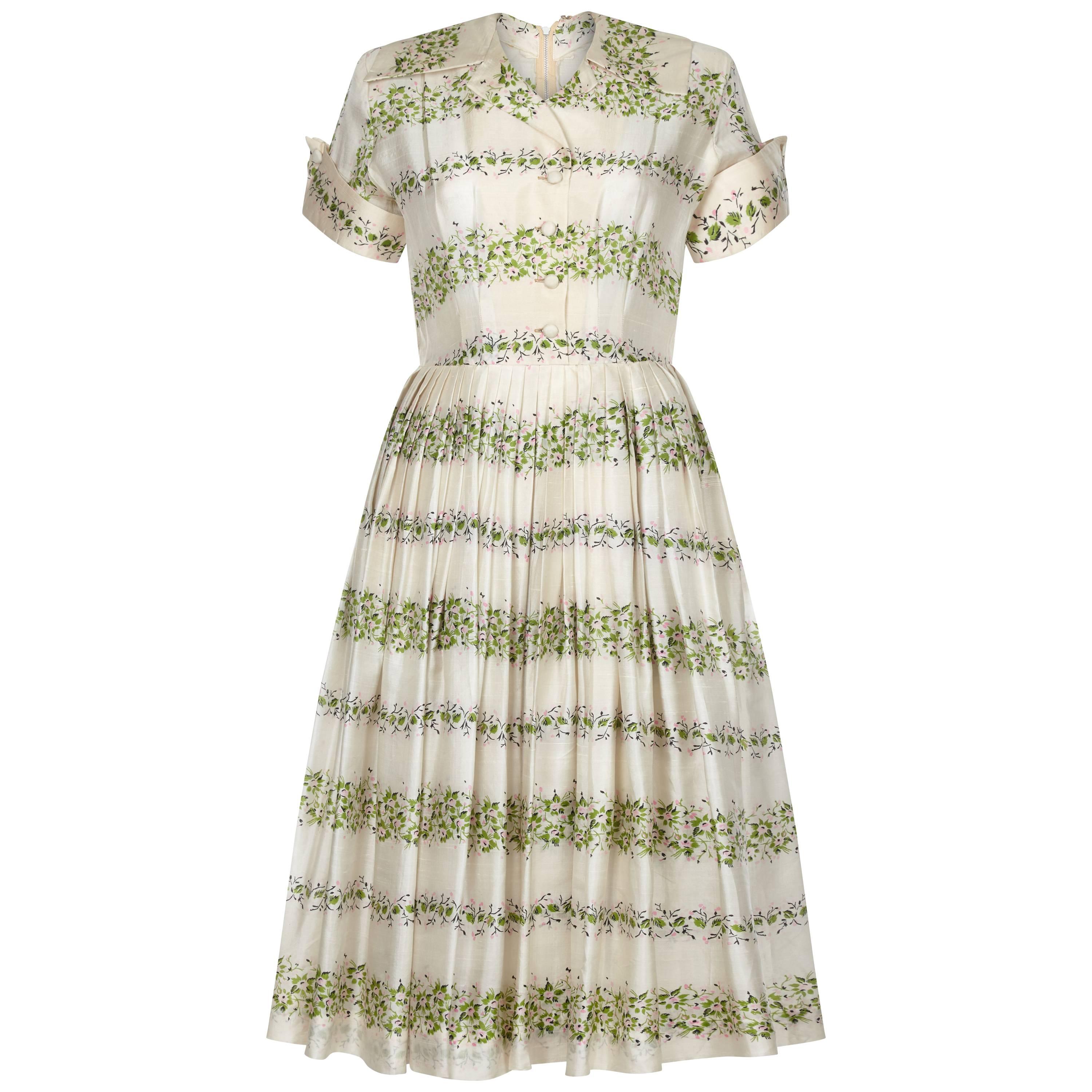 1950s Silk Cream Floral Dress