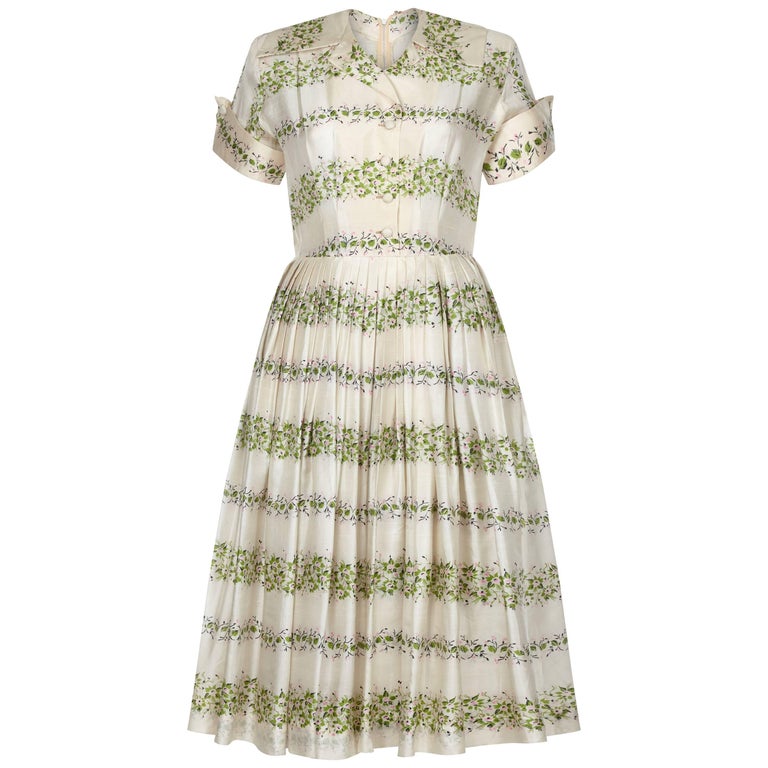 1950s Silk Cream Floral Dress at 1stDibs