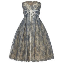 1950s Jean Wurtz Haute Couture Blue Chantilly Lace Dress 12