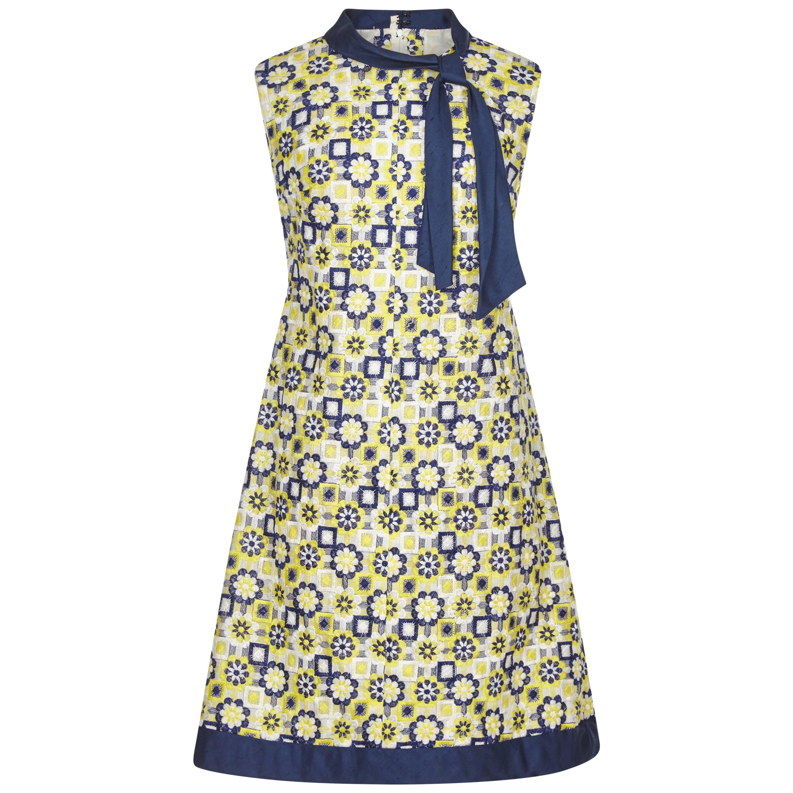 1960s French Couture Blue and Yellow Embroidered A-Line Shift Dress