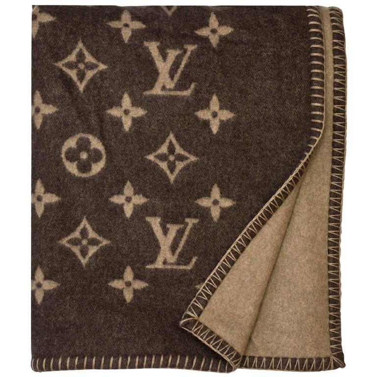 Louis Vuitton Throw Blanket Tan Ivory Logo Monogram M70440 Wool