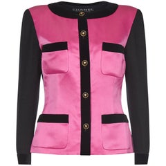 Chanel 1980s Boucle Black Wool and Pink Satin Jacket