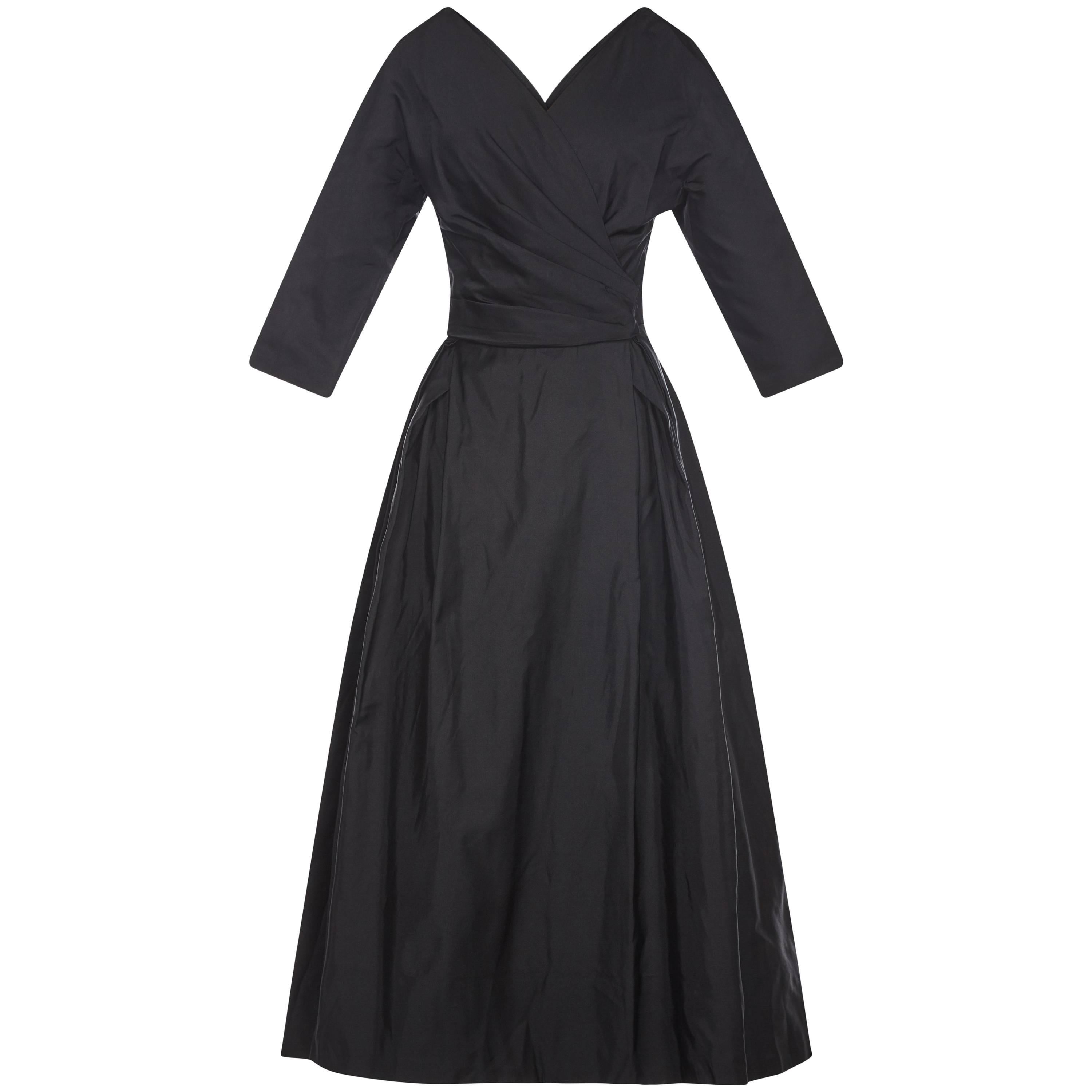 1950s Jean Wurtz Haute Couture Black Silk New Look Dress