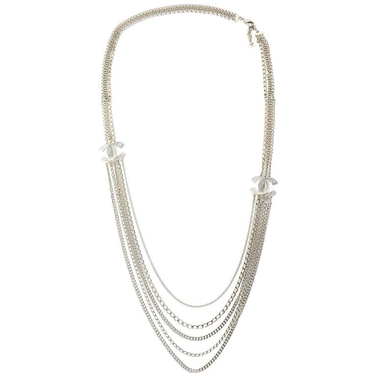 Chanel Multi-Strand Silver & Crystal CC Necklace with Box