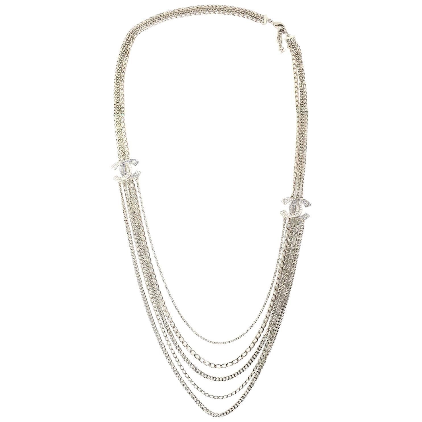 Chanel Multi-Strand Silver & Crystal CC Necklace with Box