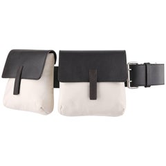 PRADA Sport Dark Brown Leather & Winter White Nylon Double Pouch Waist Belt Bag