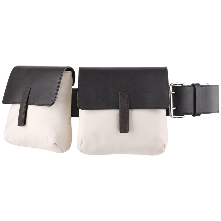 PRADA Sport Dark Brown Leather and Winter White Nylon Double Pouch