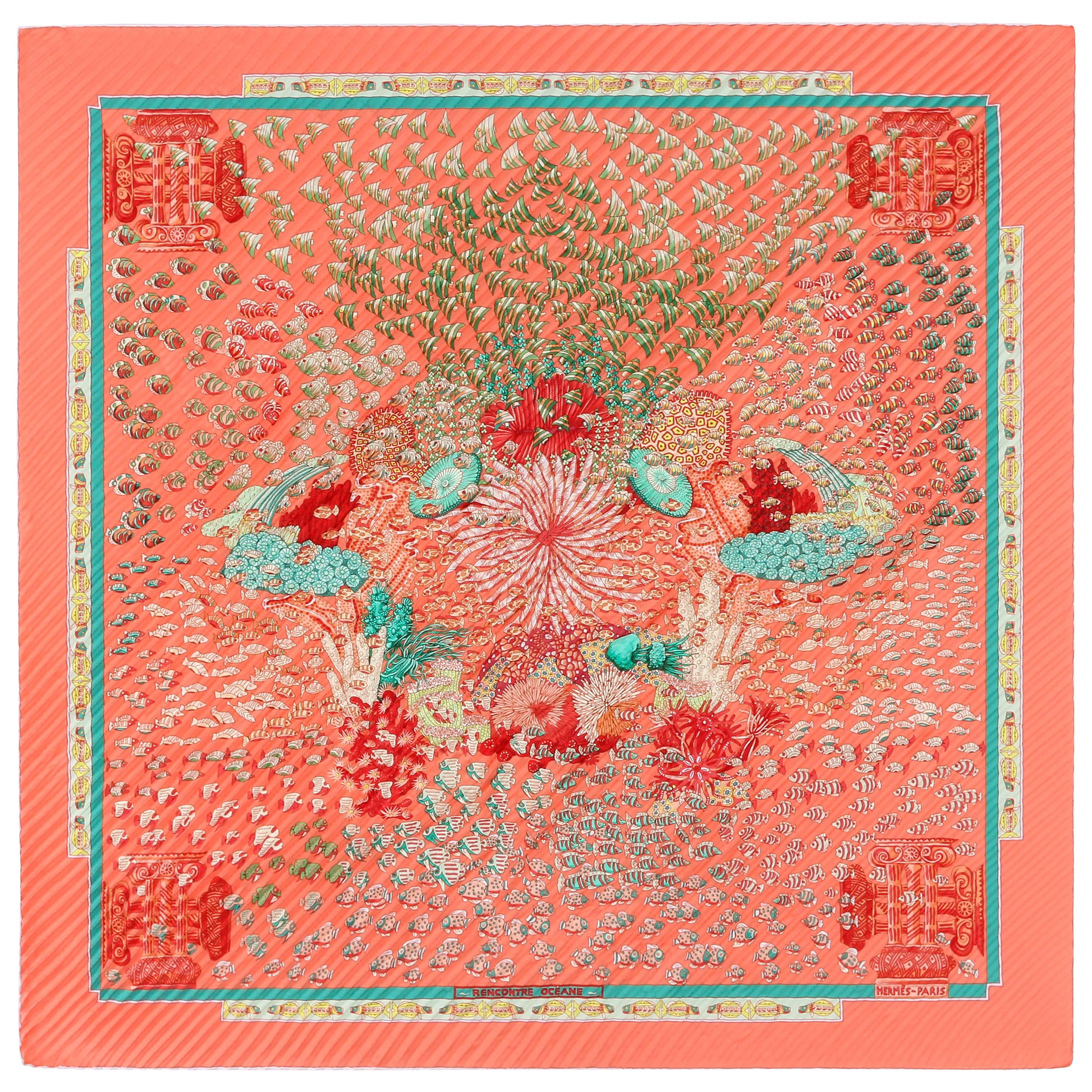 HERMES S/S 2001 Annie Faivre "Rencontre Oceane" Coral Reef Pleated Silk Scarf