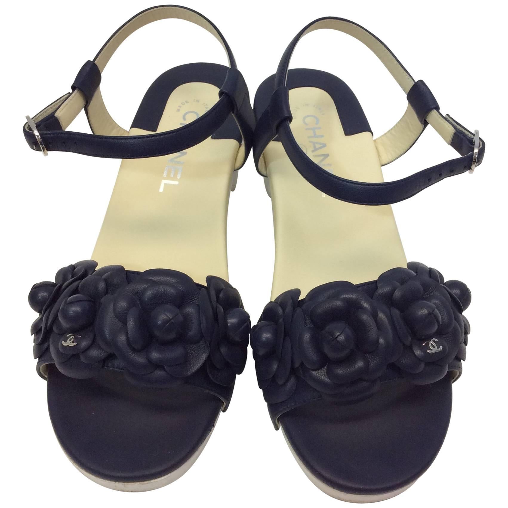 Chanel Navy Floral Strappy Sandal For Sale