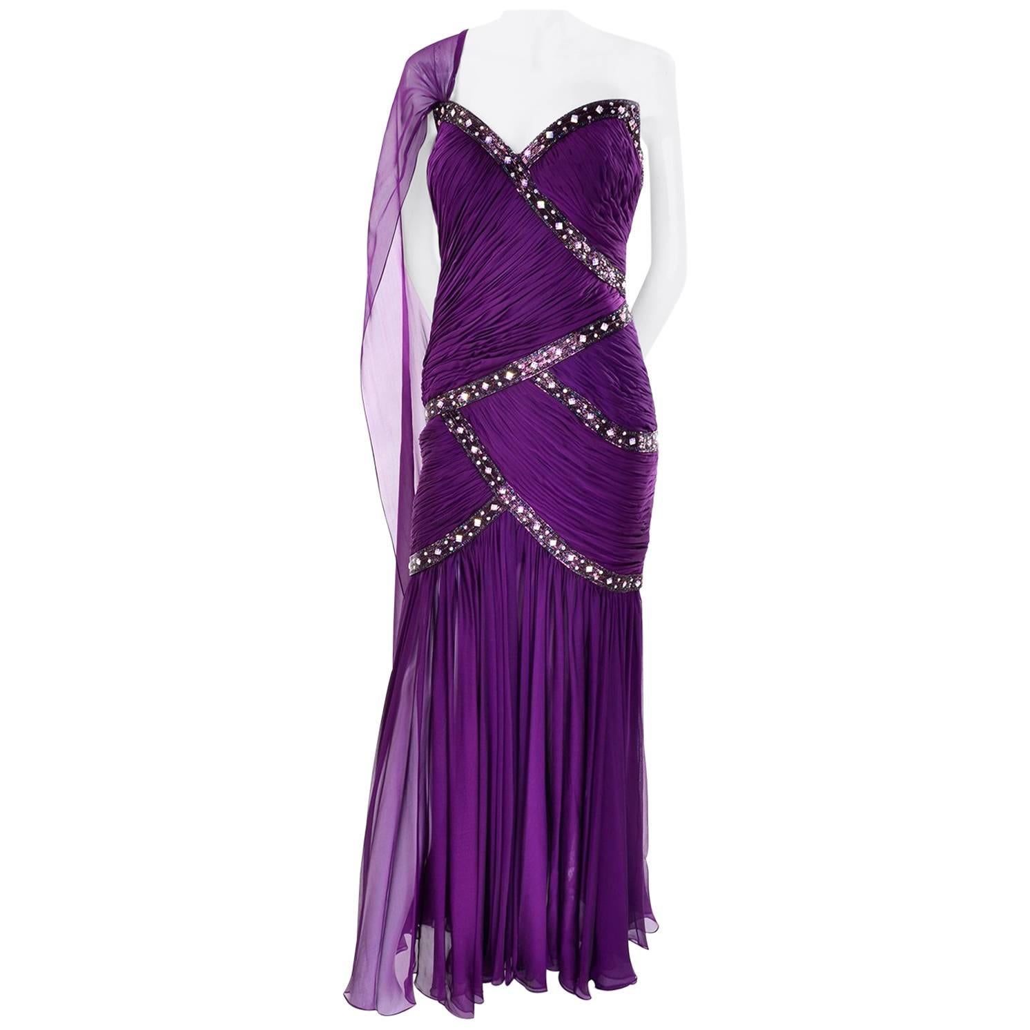 Michael Casey Vintage Purple Silk Beaded Chiffon Evening Gown Dress