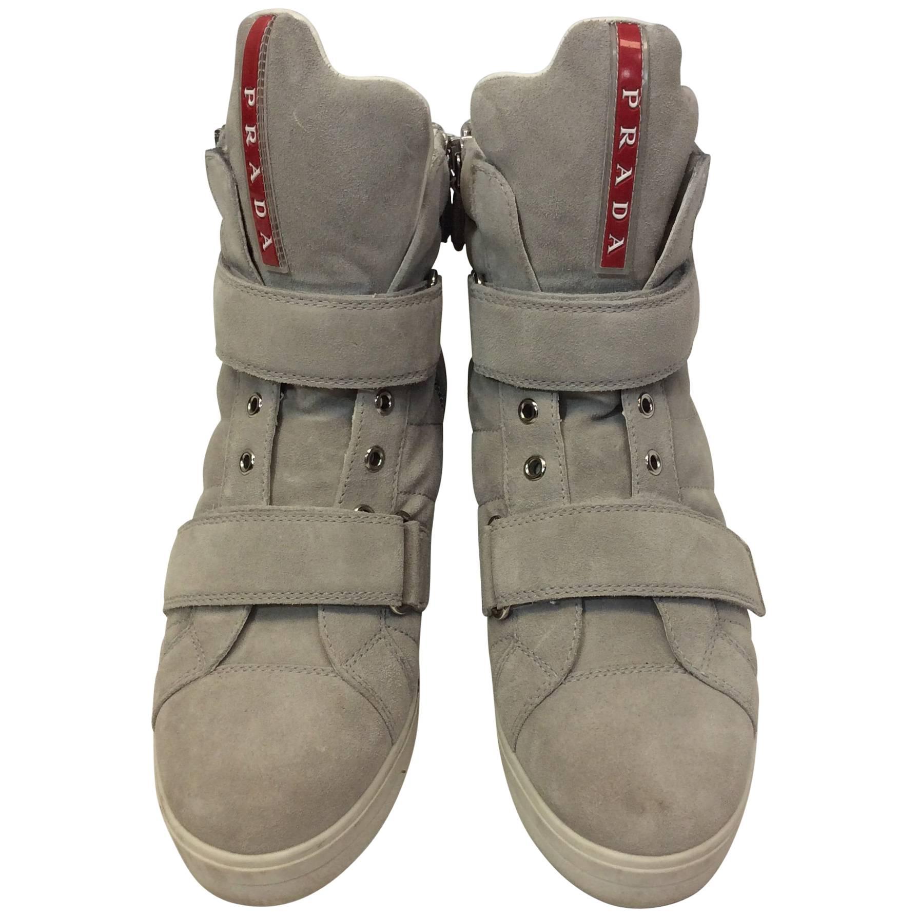 Prada Grey Suede Zipped Platform Sneakers For Sale