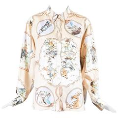 Hermes Light Pink Multi Silk "Les Chevaux des Moghols" Printed LS Blouse SZ 44