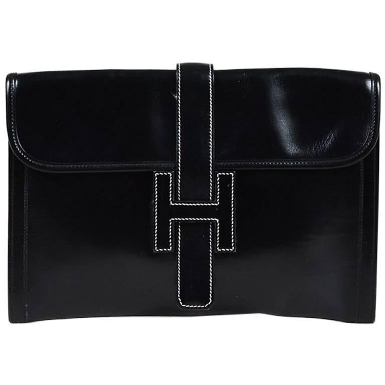 Vintage Hermes Black "Box Calf" Leather "Jige PM" Clutch Bag For Sale