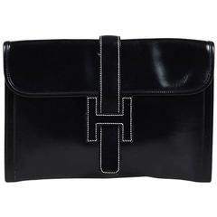 Vintage Hermes Black "Box Calf" Leather "Jige PM" Clutch Bag