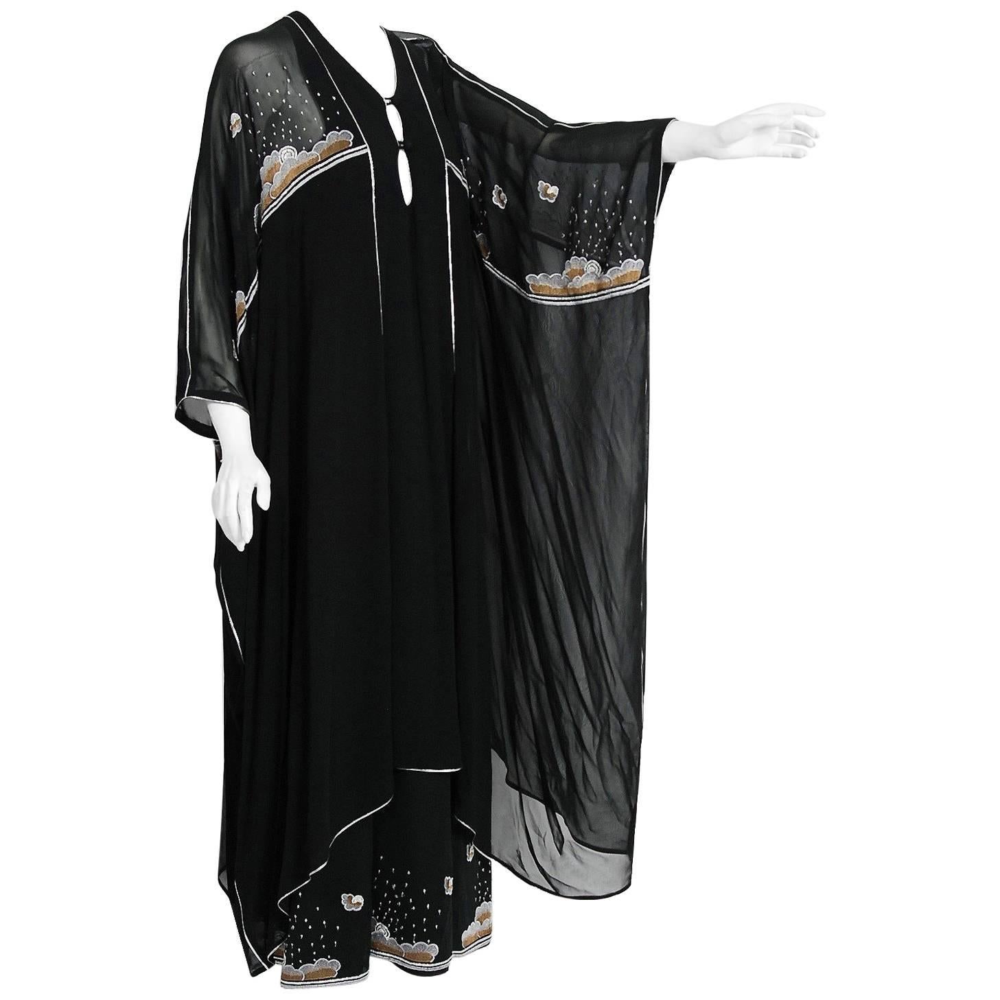 Janice Wainwright Black Chiffon Novelty Sun Rain Embroidery Caftan Dress, 1972