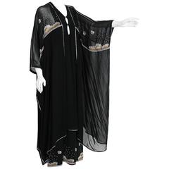 1972 Janice Wainwright Black Chiffon Novelty Sun & Rain Embroidery Caftan Dress 10