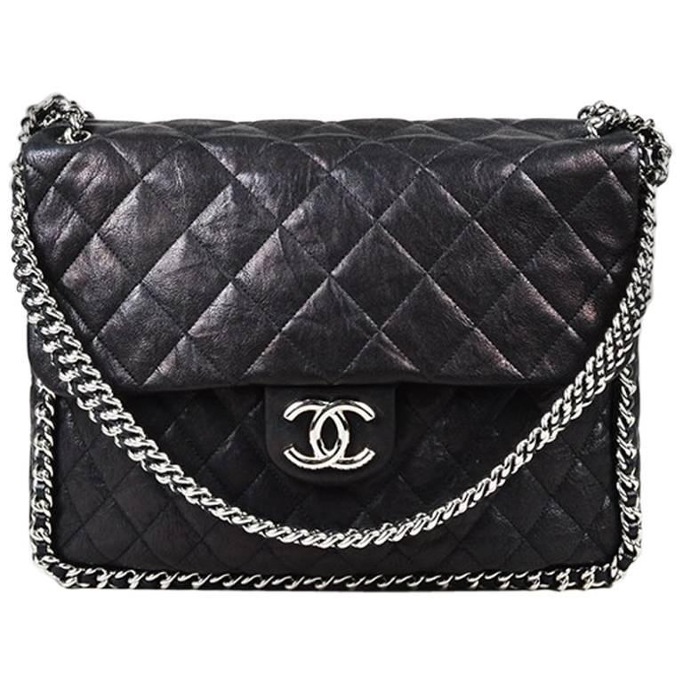 Chanel Black Quilted Leather Maxi "Chain Around" Flap Shoulder Bag For Sale