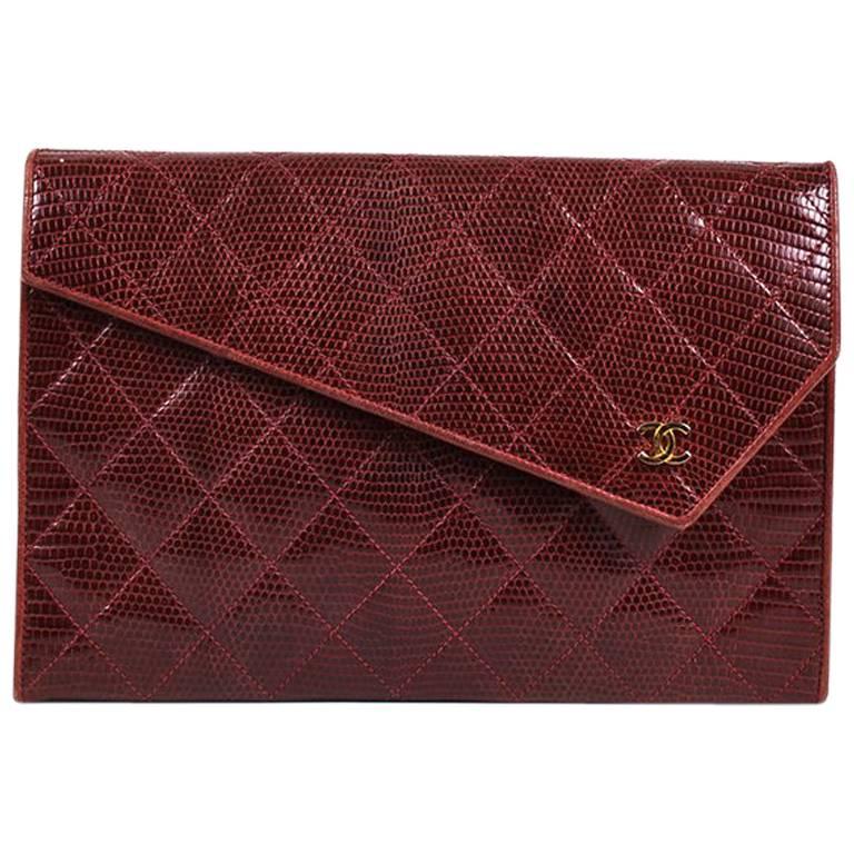 Vintage Chanel Red Lizard Asymmetric Flap Chain Link Strap Shoulder Bag For Sale